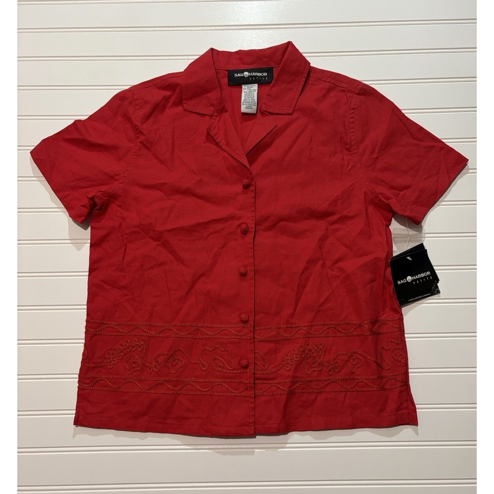Vintage Y2K Sag Harbor Petite Linen Button Up Shirt PXS Red Embroidered Top NWT